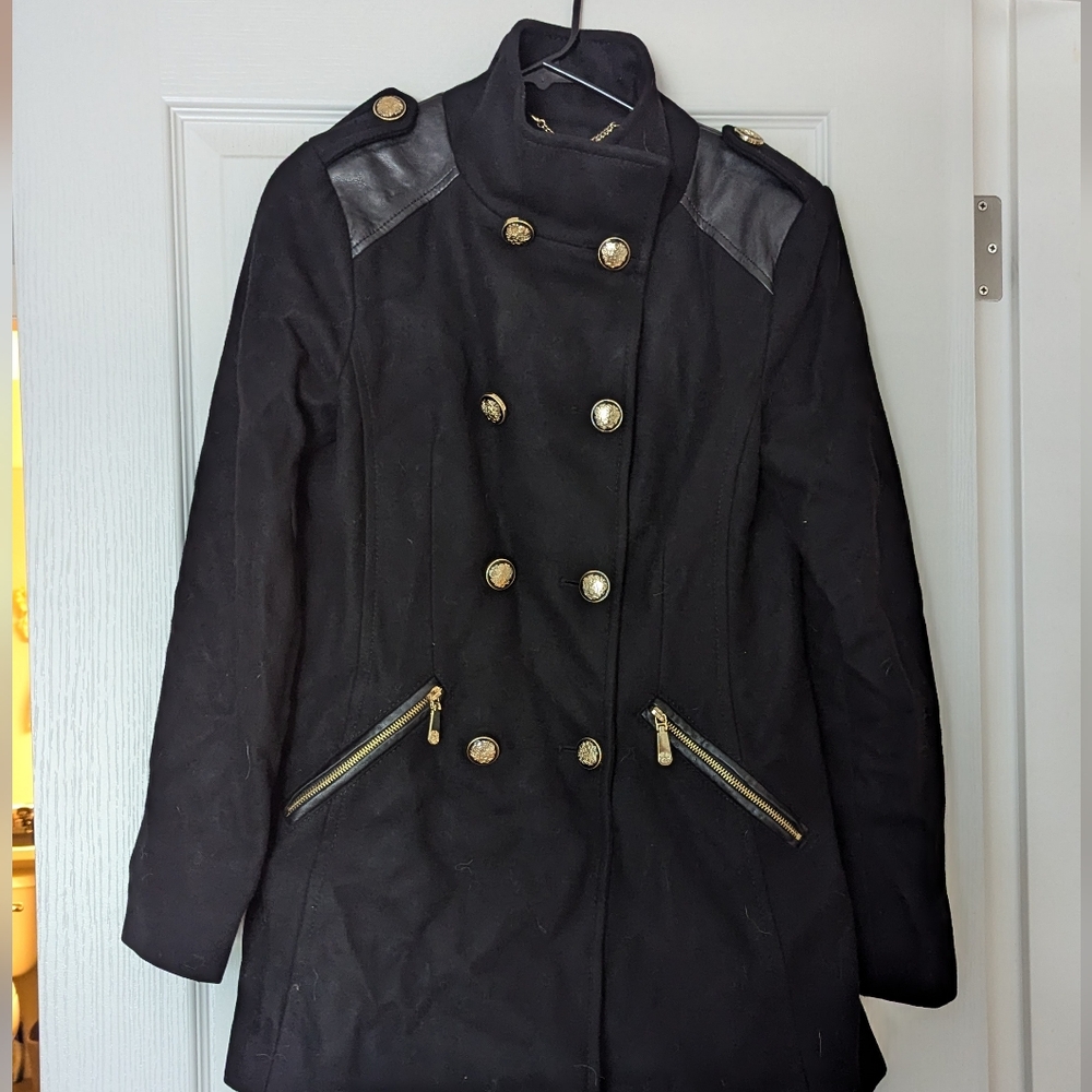 Vince Camuto Black Trench Coat with Gold Accents
